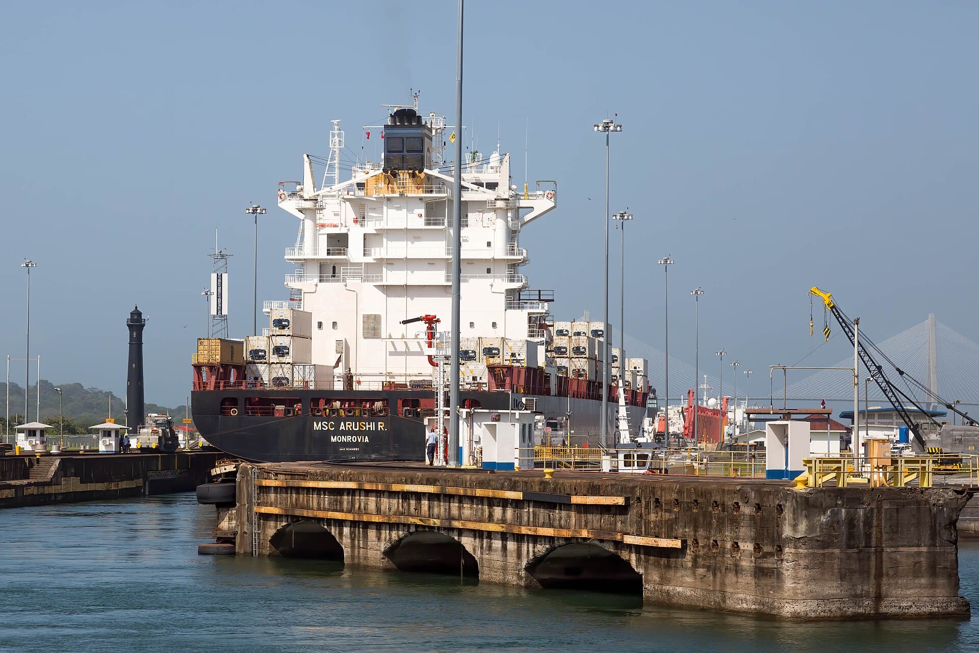 A container ship entering the Gatun locks of the Panama Canal