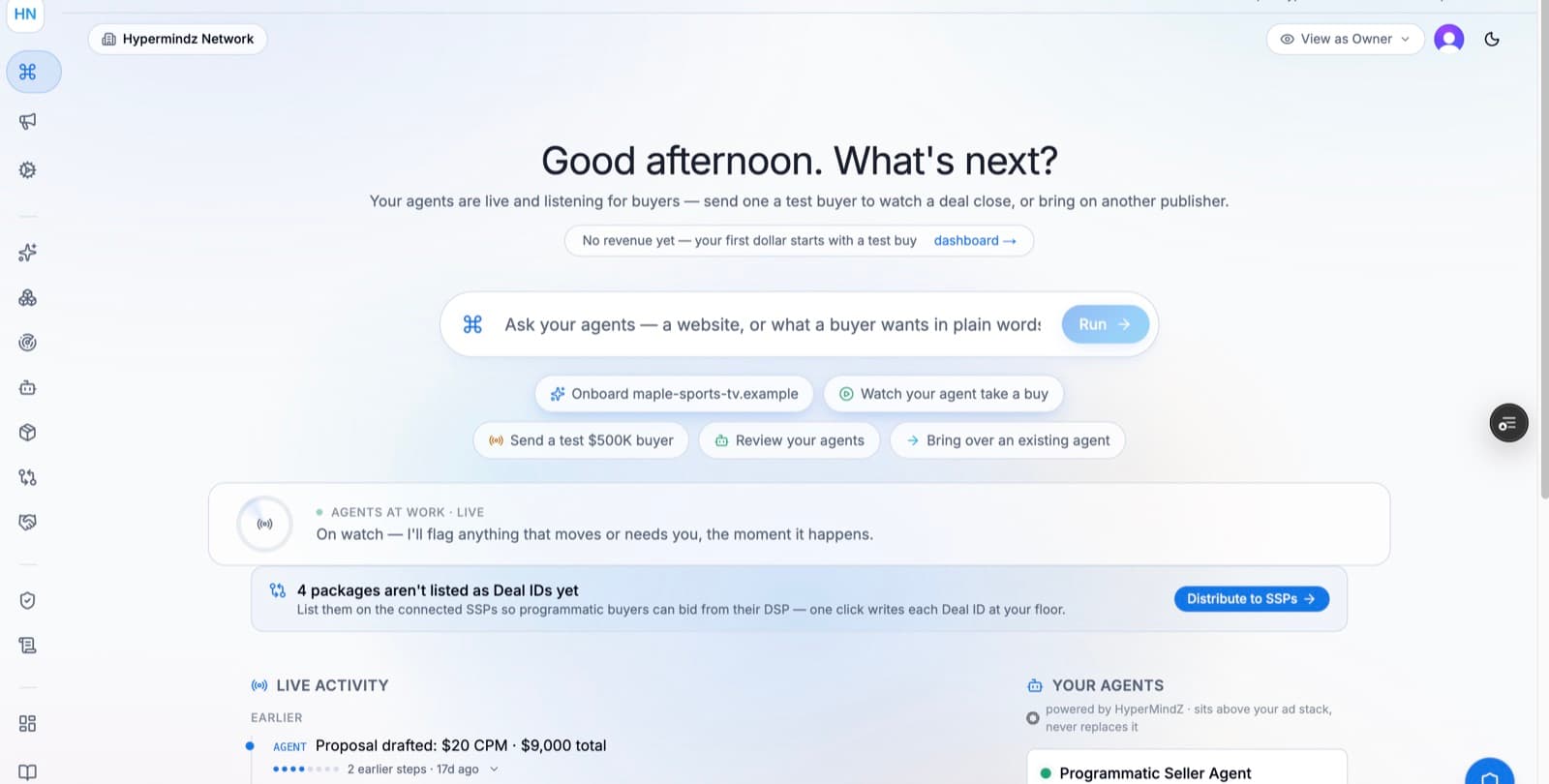 SellerAgentZ command center with agent prompt bar, live activity, and quick actions