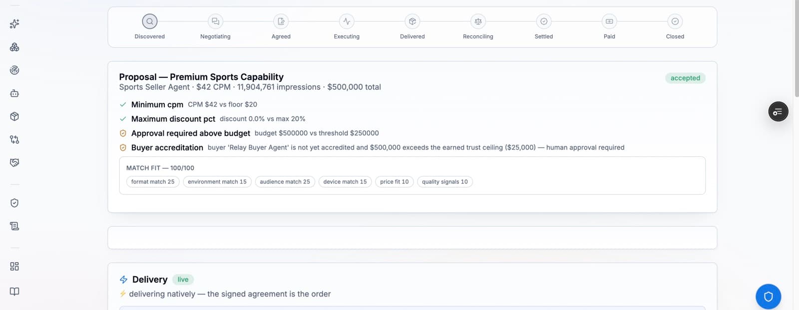 SellerAgentZ deal view showing the deal journey, an accepted proposal, and governance checks including buyer accreditation holding for human approval