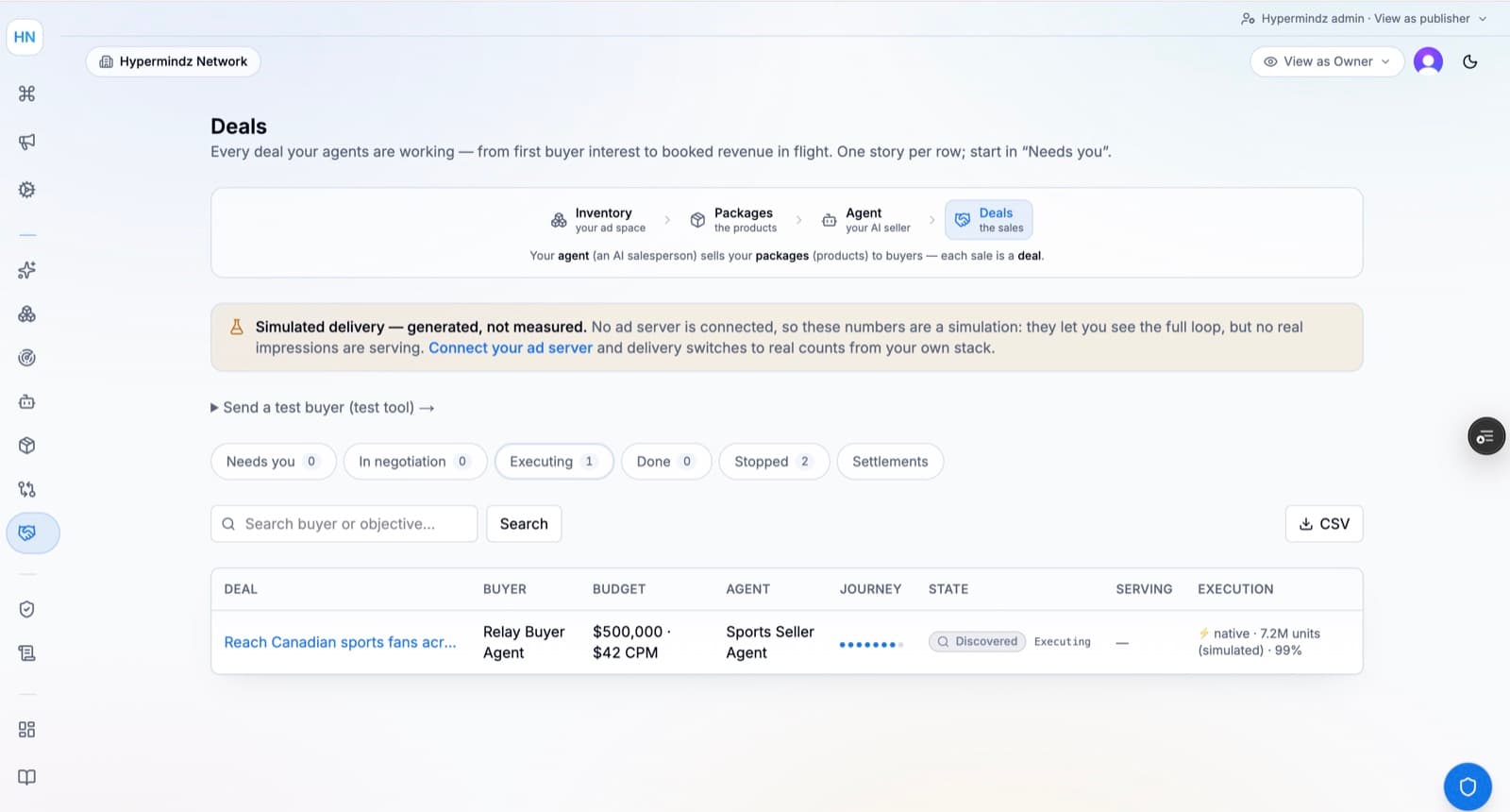 SellerAgentZ deals pipeline showing a deal with journey state, budget, and execution status
